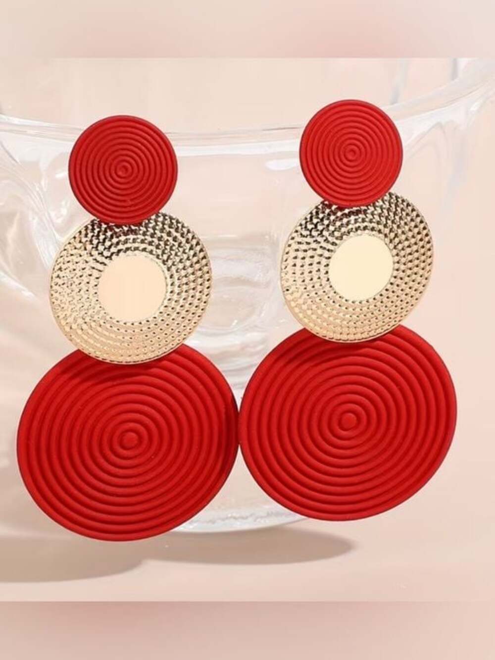 Bold Red Triple-Drop Earrings with Textured Gold Disc - Picture 4 of 4